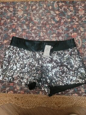 Bebe Sequin Lounge Shorts with Faux Leather Trim - Silver